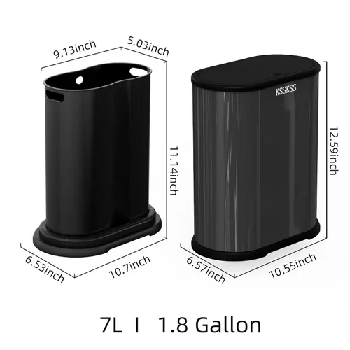 Miniatura 5 de KSSKSS Cubo de basura pequeño de acero inoxidable de 1.8 galones con tapa tipo prensa, cubo de basura delgado para baño, cubo de revestimiento Negro
