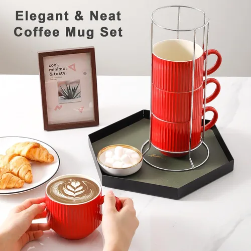 Miniatura 5 de Hasense Tazas de café rojas, juego de 4 tazas de café apilables de 15 onzas con estante – Juego de tazas de latte de cerámica grandes y acanaladas