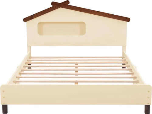 Miniatura 4 de Quarte Cama de plataforma de madera de tamaño matrimonial para niños con cabecera en forma de casa y luces nocturnas activadas por movimiento,