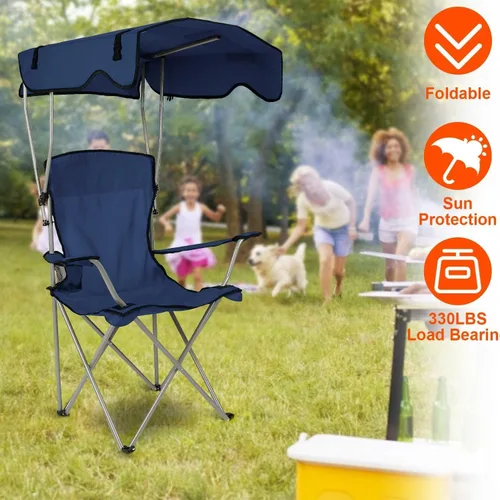 Miniatura 4 de KOCASO Silla de playa plegable con toldo con sombrilla, resistente 330 libras, silla de césped portátil para acampar con soporte para tazas
