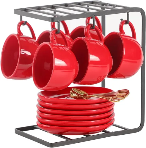 Miniatura 8 de vicrays Tazas de café espresso de cerámica, juego de tazas de café expreso de porcelana de 4 onzas con platillos cucharas y soporte de metal