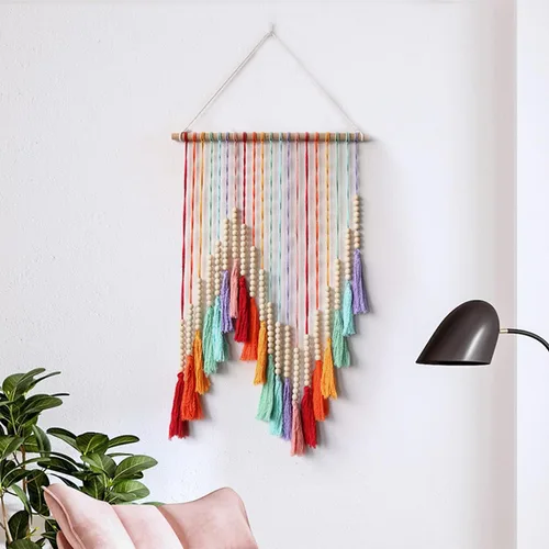 Decoración de pared de macramé bohemio con borlas coloridas de arcoíris, para colgar en la pared con cuentas de madera, tapiz de macramé, decoración