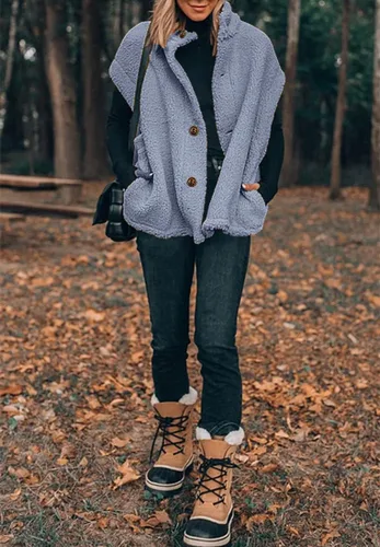 Miniatura 24 de Hongqizo - Chaleco de forro polar mullido para mujer, casual, de gran tamaño, cálido, con botones, chaqueta de sherpa con bolsillos