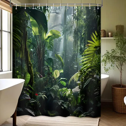 Miniatura 10 de Cortina de ducha verde de selva naturaleza bosque selva tropical paisaje planta tropical decoración de baño, tela impermeable con ganchos, 36x72
