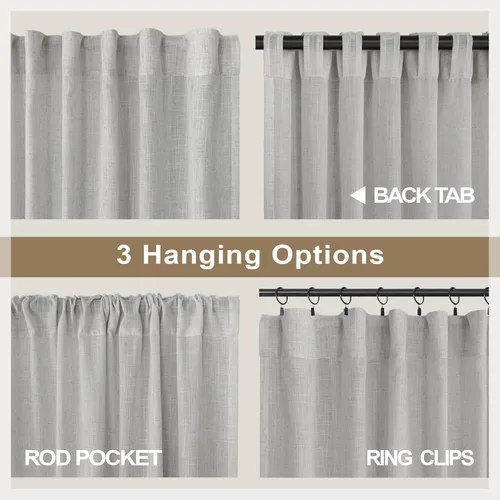 Miniatura 5 de Cortinas de lino gris claro, 2 paneles, presillas traseras, bolsillo para cortinero, semitraslúcidas, ahorran energía, estilo rústico, arpillera
