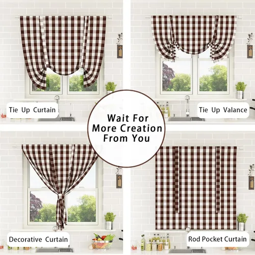 Miniatura 219 de Cenefas de cortina para ventana de 16 pulgadas de largo, 2 paneles de cuadros búfalo, cortinas pequeñas con bolsillo para barra, estilo clásico