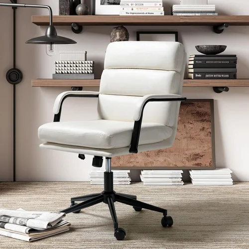 Miniatura 11 de HULALA HOME Silla moderna de piel sintética para oficina en casa con bloqueo de inclinación y base de metal, silla de escritorio con ruedas y cojín