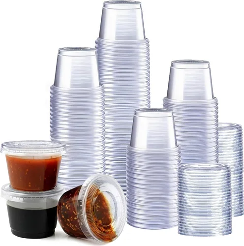 GUSTO [1 oz - 200 unidades de vasos desechables de plástico transparente con tapas - Vasos para soufflé, vasos para chupitos con tapas, recipientes