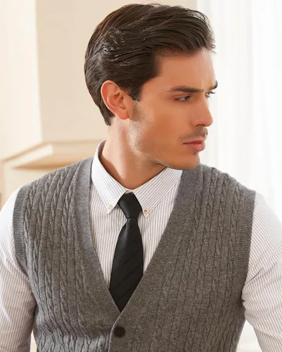 Miniatura 4 de Kallspin Suéter de punto trenzado para hombre, chaleco de mezcla de lana, cuello en V, con botones, sin mangas