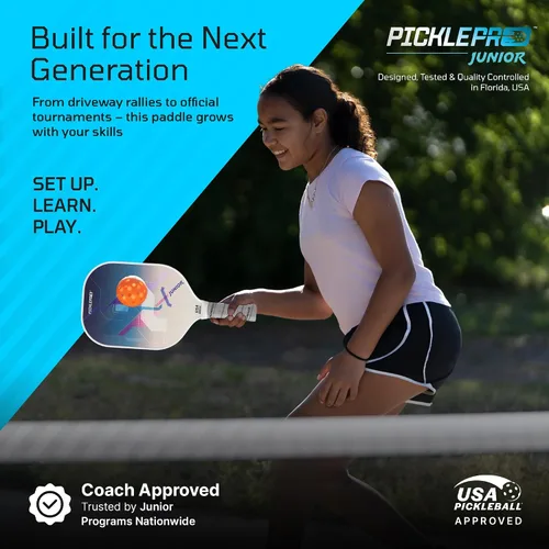 Miniatura 11 de PicklePro Junior - Paleta de pickleball juvenil con cubierta, pala ligera de fibra de vidrio para principiantes y jugadores jóvenes, agarre Malibu V2