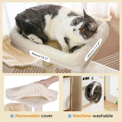 Miniatura 4 de Árbol pequeño para gatos beige torre para gatos con poste rascador de 32 pulgadas con casa condominio para gatos, hamaca acogedora y cama superior