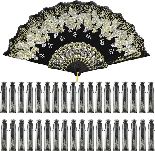Miniatura 11 de Geelin - 50 piezas de abanicos de encaje plegables de mano para mujeres con bolsa de organza, abanicos europeos retro de encaje plegados para novia
