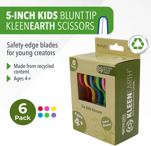 Miniatura 2 de Westcott KleenEarth Tijeras de 5 pulgadas, paquete de 6, para niños a partir de 4 años, tijeras recicladas ecológicas para proyectos escolares