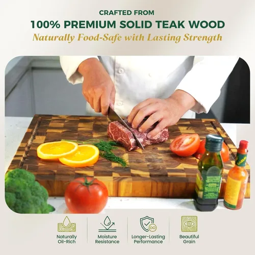 Miniatura 2 de Tablas de cortar de madera de teca para cocina, tablas de cortar de grano mediano de 17 x 13 x 1.5 pulgadas, tabla de cortar de bloque de carnicero