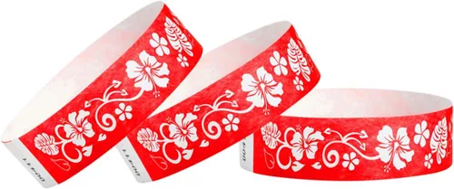 500 pulseras Tyvek de flores hawaianas rojas de Wristco para eventos, cómodas pulseras de papel resistentes a desgarros, pulseras de identificación