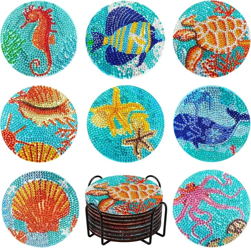 Miniatura 8 de FOWSEEK Posavasos de Pintura de Diamantes, 8 PCS Posavasos de Arte de Diamante de Gato con Soporte, Lindos Kits de Pintura de Diamantes para Adultos