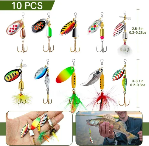 Miniatura 8 de Señuelo de pesca Spinnerbait, róbalo, trucha, salmón, cebo de metal duro giratorio, set con 2 cajas de anzuelos por Tbuymax, 10