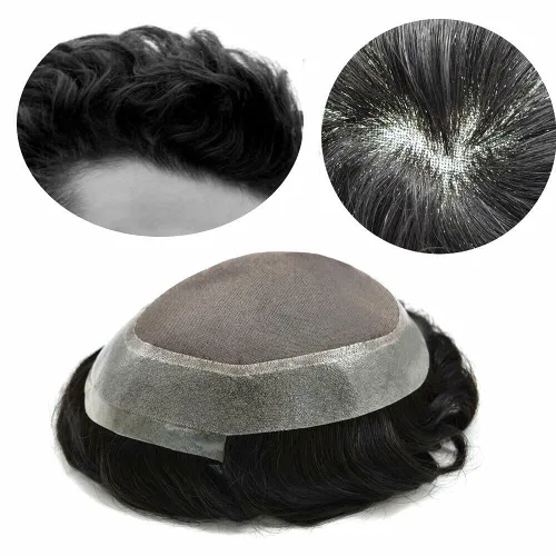 Peluca tipo tupé para hombre, sistema de repuesto de cabello humano #1B, negro natural, duradero, monofilamento fino, monofilamento, piel de