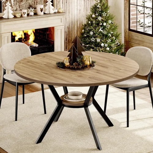Miniatura 9 de MECHYIN Mesa de comedor redonda para 4 personas, mesa de cocina de granja de 42 pulgadas con almacenamiento, mesa de pedestal circular de madera