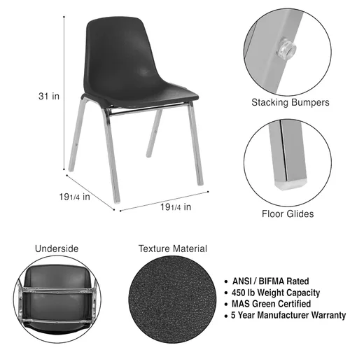 Miniatura 2 de OEF Furnishings OEF8110/4 Silla apilable de polipropileno de grado comercial (negro, paquete de 4)