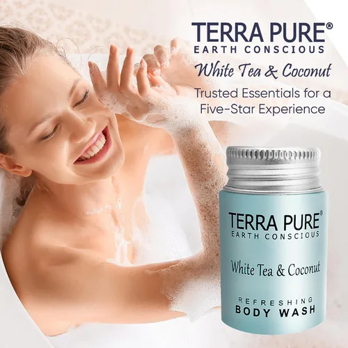 Miniatura 7 de Terra Pure White Tea & Coconut Body Wash, comodidades de hotel tamaño viaje, 1 onza (caja de 300)