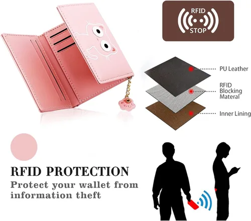 Miniatura 68 de CONISY Lindas carteras para mujer, de cuero con bloqueo RFID, pequeña cartera triple con ventana de identificación para niñas y mujeres