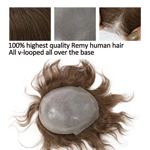 Miniatura 2 de Peluca de piel ultrafina de 0.003 in para hombres, 100% cabello humano virgen europeo, pelucas de repuesto de cabello humano real, 8x10 pulgadas