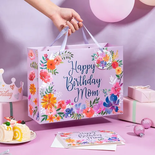 Miniatura 6 de WRAPAHOLIC Bolsa grande de regalo de cumpleaños para mamá de 13 pulgadas con tarjeta y papel de seda, elegante diseño floral con diseño de feliz
