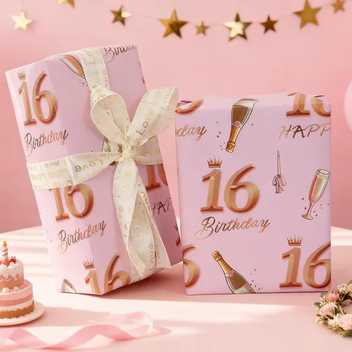 Miniatura 8 de Zayin Papel de regalo de cumpleaños número 16, 5 hojas de papel de regalo de feliz cumpleaños de 27.6 x 19.7 in, color oro rosa, para niñas