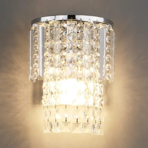 Miniatura 6 de Pathson Aplique de pared moderno de cristal K9 con cableado, acabado cromado, lámpara de pared con gotas de cristal acrílico para dormitorio y sala