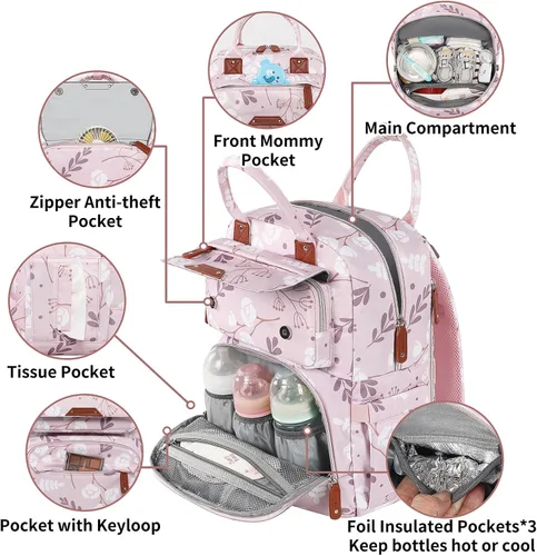 Miniatura 4 de Mochila para pañales para bebé niña, bolsa de pañales impermeable multifunción para mamá y papá, bolsas de pañales grandes rosas florales para bebé