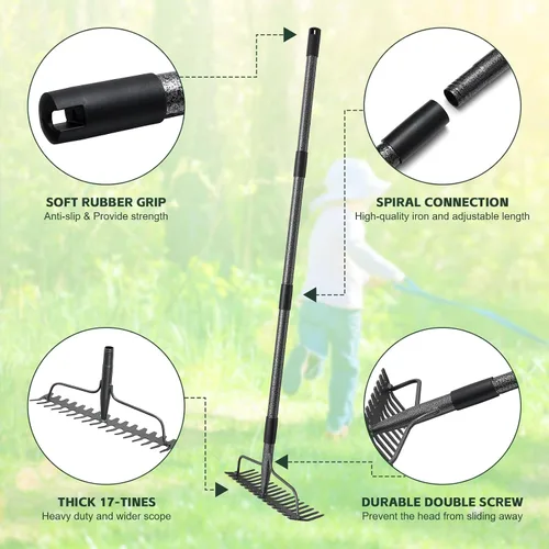 Miniatura 3 de Rastrillo de jardín resistente de 49 pulgadas con mango de acero inoxidable, rastrillo de cabeza de metal para aflojar el suelo, recoger la tierra