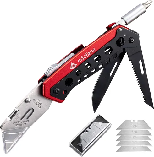 edcfans Navaja Plegable Multiusos Cortador de Cajas con 5 Hojas de Afeitar, Navajas de Bolsillo, Destornillador, Sierra, Diseño con Seguro, Clip y