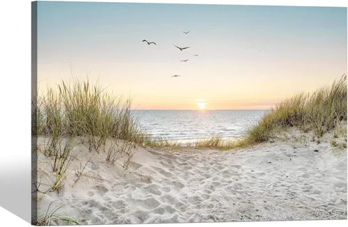 Arte de Pared de Playa en Lienzo para Baño: Obra de Arte Impresa de Puesta de Sol Costera y Océano, Escena Marina Moderna, Imagen de Paisaje Marino,