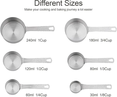 Miniatura 3 de Juego de 14 tazas y cucharas medidoras de acero inoxidable 18/8 para hornear y cocina, medida métrica y estadounidense, 6 tazas y 7 cucharas con B