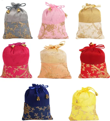 Miniatura 13 de Touchstone Bolsas con cordón de tela tradicional india, hechas a mano, perfectas para regalos, joyas, bodas, bolsas, bolsas, Potli, -Mimosa