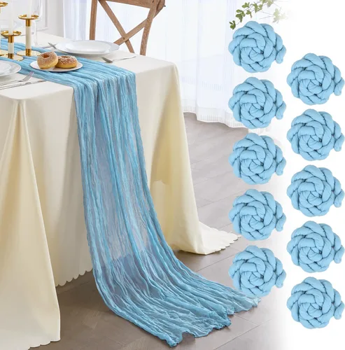 Miniatura 19 de Nialnant Camino de mesa de estopilla azul bebé, camino de mesa bohemio de 13 pies para cocina, cena, fiesta de Año Nuevo azul, decoración de bodas
