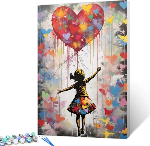 Miniatura 22 de Tucocoo Kits de pintura de globos coloridos por números con pinceles y pigmento acrílico sobre lienzo para adultos, cuadro de calle Banksy Little