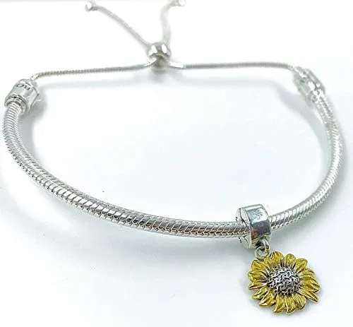 Miniatura 3 de BOLENVI Abalorio de plata de ley 925 con diseño de girasol dorado para pulseras o collares similares Plata esterlina Sin gemas