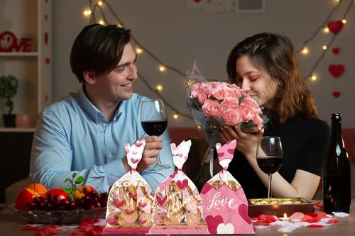 Miniatura 3 de Threetols 150 bolsas de celofán para el día de San Valentín, bolsas de celofán con corazón rojo, bolsas de regalo transparentes de San Valentín, VN