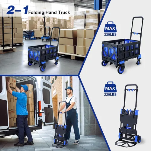 Miniatura 3 de Carro de mano 2 en 1 plegable con cesta, carretilla de mano plegable con mango retráctil, carrito de mano plegable de capacidad de 330 libras, B-AZUL