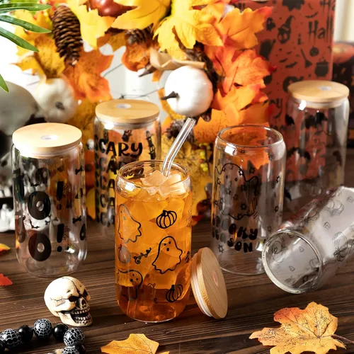 Miniatura 4 de meekoo 6 tazas de vidrio de Halloween de 16 onzas, tazas de café helado, calabazas, murciélagos, fantasmas, vasos de cerveza con tapas y pajitas