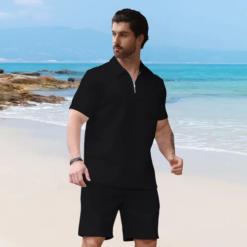 Miniatura 4 de Aulemen Conjunto deportivo de 2 piezas con cremallera para hombre, manga corta, camiseta polo y pantalones cortos, conjuntos de verano para hombre