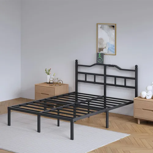 Miniatura 7 de SHOANED Marco de cama de 14 pulgadas de metal - Base de cama de tamaño matrimonial de alta resistencia con estación de carga y cabecera, listones