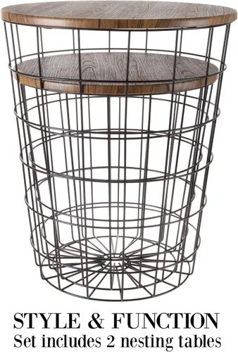 Miniatura 5 de Lavish Home - Juego de 2 mesas auxiliares - Mesas anidables con tapas de madera removibles y bases de cesta de metal para almacenamiento de mantas