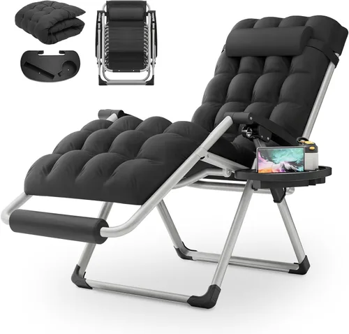 Miniatura 17 de MoNiBloom Silla reforzada de gravedad cero, tumbona plegable para piscina y playa, tumbona de bronceado portátil con cojín, reposacabezas y bandeja
