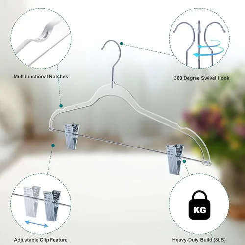 Miniatura 2 de Perchas de plástico transparente para pantalones con clips, paquete de 5 unidades, ganchos giratorios y muescas para faldas, perchas acrílicas que