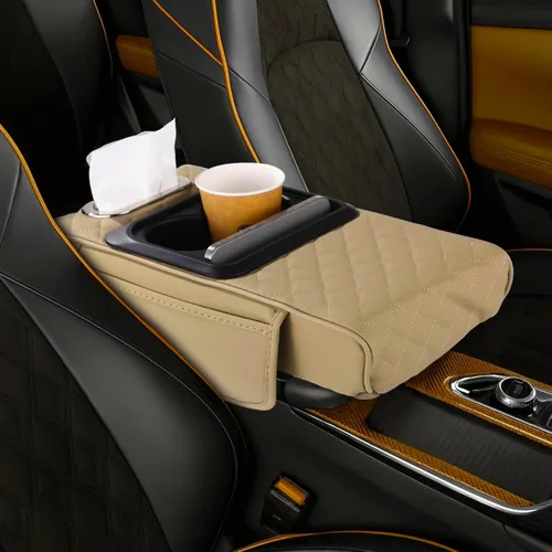 Miniatura 6 de Priprilod Almohada beige para reposabrazos de consola central de automóvil, espuma viscoelástica con portavasos y soporte para teléfono celular