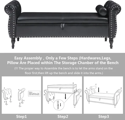 Miniatura 5 de Aoowow Banco de almacenamiento para dormitorio, extremo de cama, enrollado, de piel sintética, otomano, asiento largo, ventana, chimenea, banco