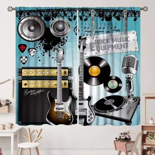 Miniatura 30 de Cortinas de notas musicales, rústicas, mágicas, notas musicales, arte retro, piano y violín, cortina con bolsillo para barra para dormitorio, sala